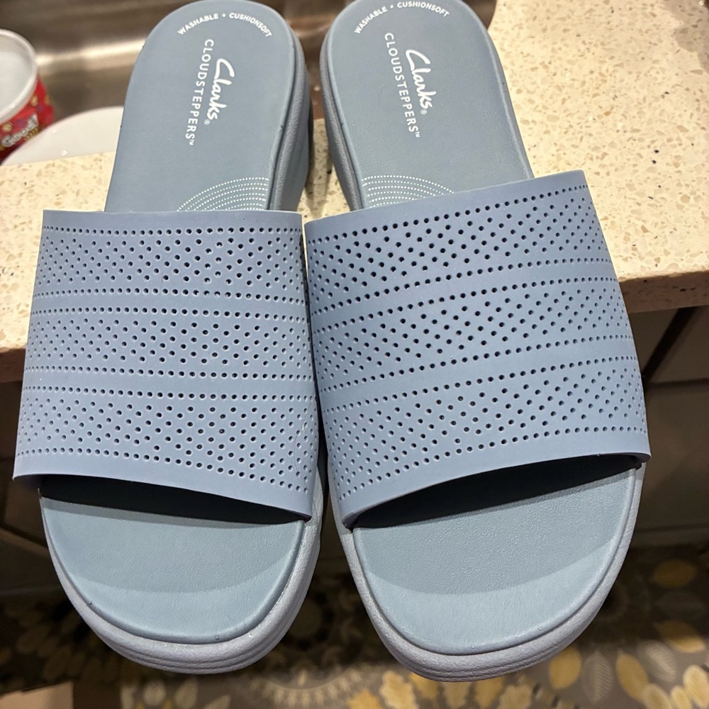 Clarks Women's Perforated Blue Slide Sandals
